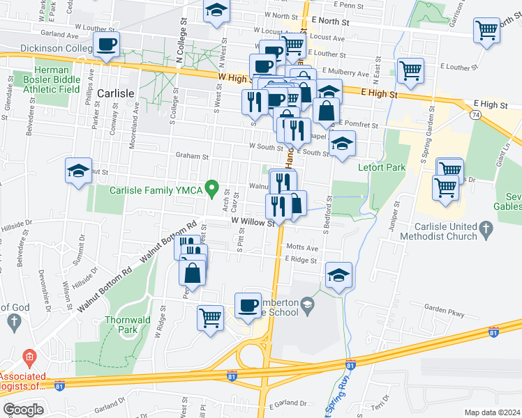 map of restaurants, bars, coffee shops, grocery stores, and more near 40 West Baltimore Street in Carlisle