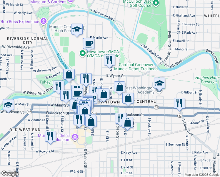 map of restaurants, bars, coffee shops, grocery stores, and more near 334 East Gilbert Street in Muncie