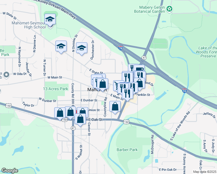 map of restaurants, bars, coffee shops, grocery stores, and more near 103 North Elm Street in Mahomet