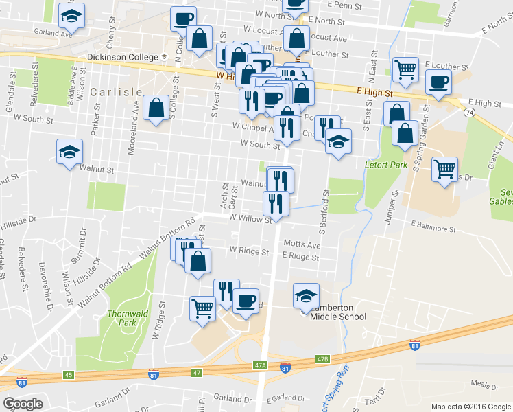 map of restaurants, bars, coffee shops, grocery stores, and more near 42 West Baltimore Street in Carlisle