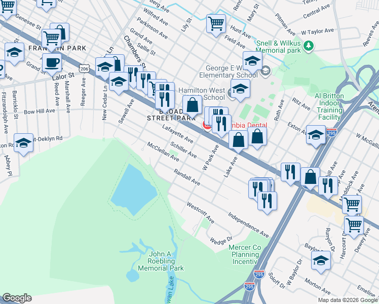 map of restaurants, bars, coffee shops, grocery stores, and more near in Broad Street Park
