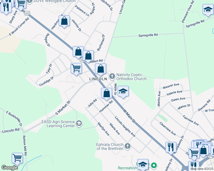 map of restaurants, bars, coffee shops, grocery stores, and more near 1351 U.S. 322 in Ephrata
