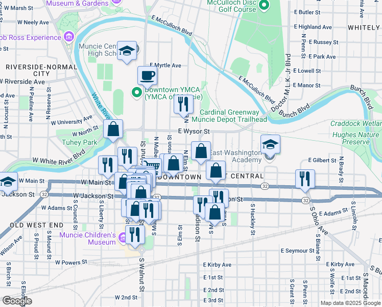 map of restaurants, bars, coffee shops, grocery stores, and more near 334 East Gilbert Street in Muncie