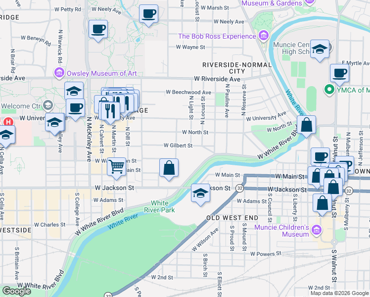 map of restaurants, bars, coffee shops, grocery stores, and more near 1213 West Gilbert Street in Muncie