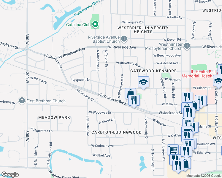 map of restaurants, bars, coffee shops, grocery stores, and more near 200 North Tyrone Drive in Muncie