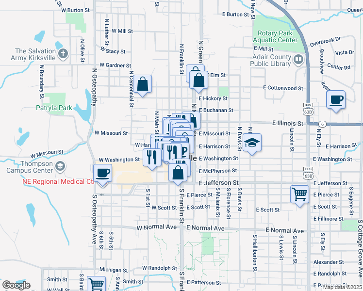 map of restaurants, bars, coffee shops, grocery stores, and more near in Kirksville