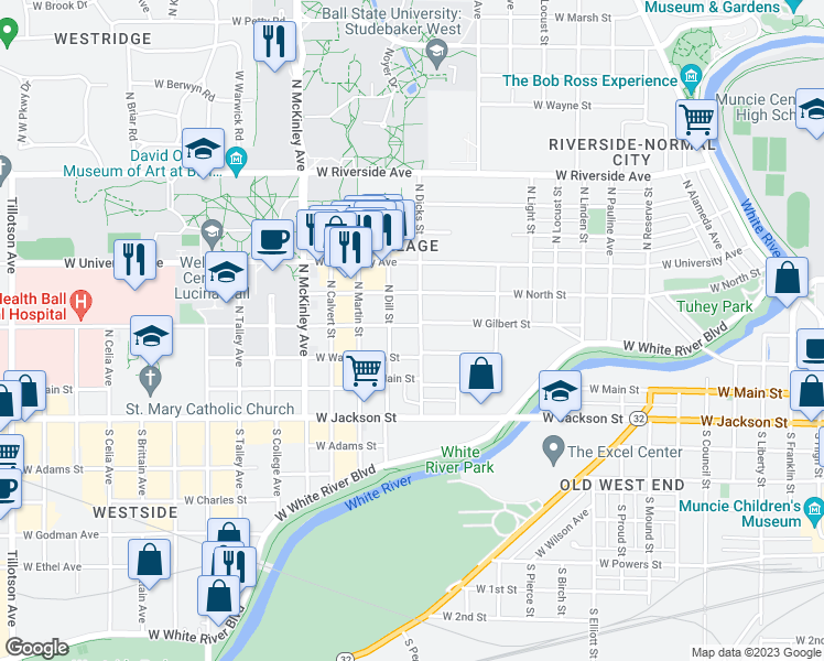 map of restaurants, bars, coffee shops, grocery stores, and more near 227 North Dicks Street in Muncie