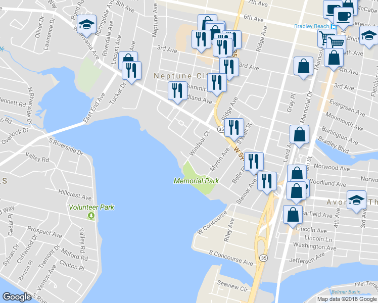 map of restaurants, bars, coffee shops, grocery stores, and more near 7 Windsor Court in Neptune City