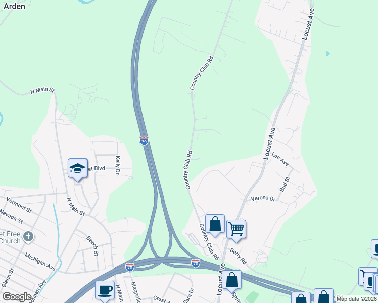 map of restaurants, bars, coffee shops, grocery stores, and more near 179 Country Club Road in Washington