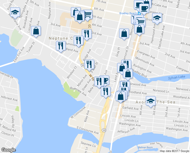 map of restaurants, bars, coffee shops, grocery stores, and more near 50 West Sylvania Avenue in Neptune City