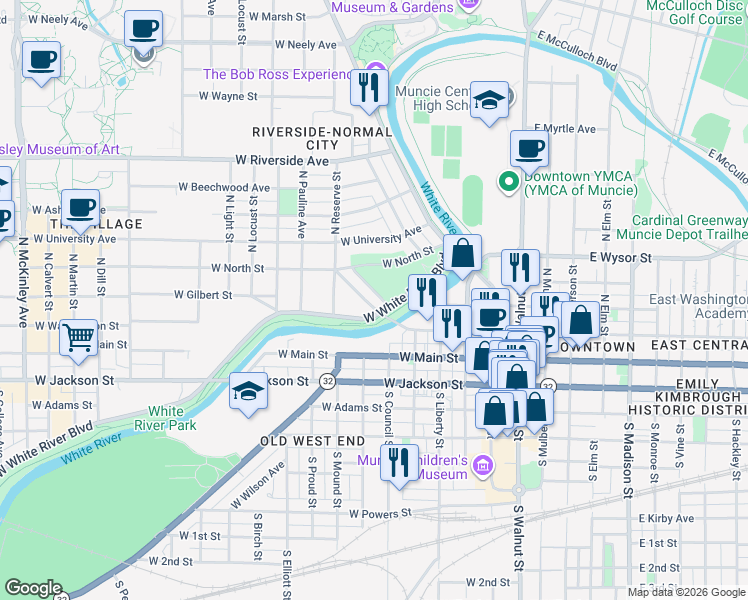 map of restaurants, bars, coffee shops, grocery stores, and more near 546-698 West White River Boulevard in Muncie