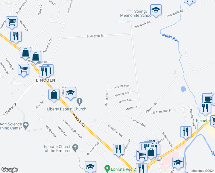 map of restaurants, bars, coffee shops, grocery stores, and more near 1314 Martin Avenue in Ephrata