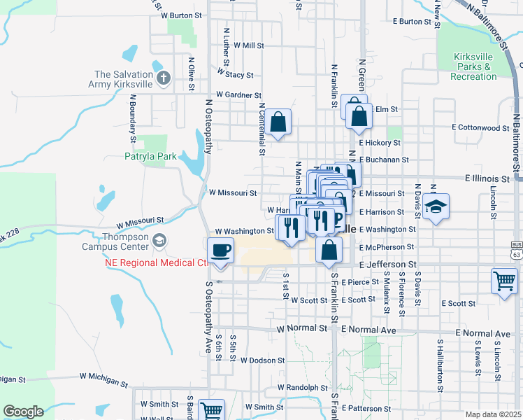 map of restaurants, bars, coffee shops, grocery stores, and more near 499 West Harrison Street in Kirksville