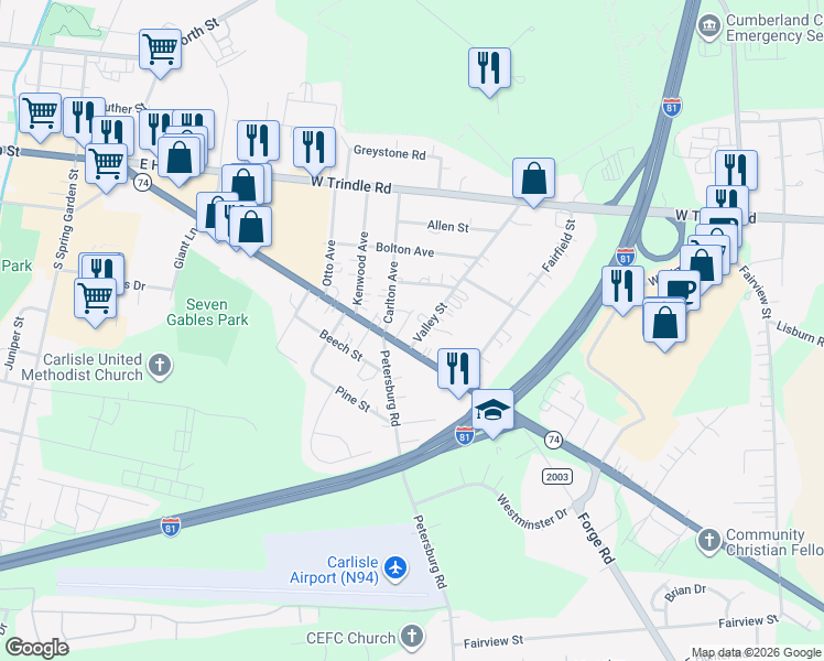 map of restaurants, bars, coffee shops, grocery stores, and more near 40 Valley Street in Carlisle