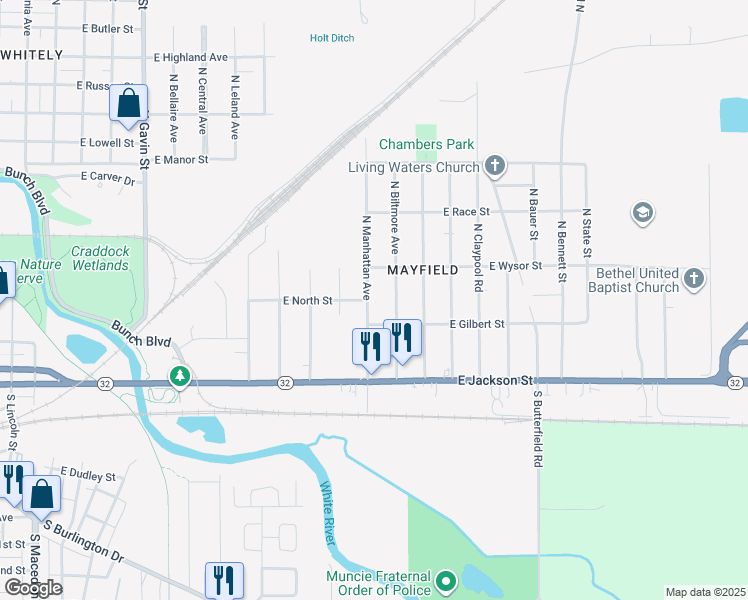 map of restaurants, bars, coffee shops, grocery stores, and more near 300 North Manhattan Avenue in Muncie
