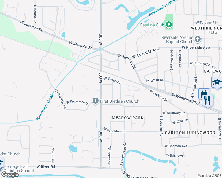 map of restaurants, bars, coffee shops, grocery stores, and more near 205 North Birchwood Drive in Muncie