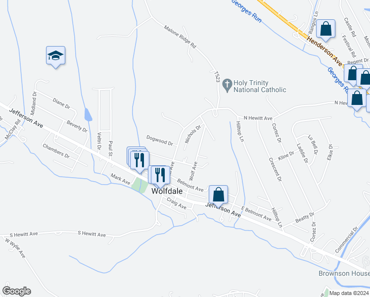 map of restaurants, bars, coffee shops, grocery stores, and more near 272 Nichols Drive in Washington