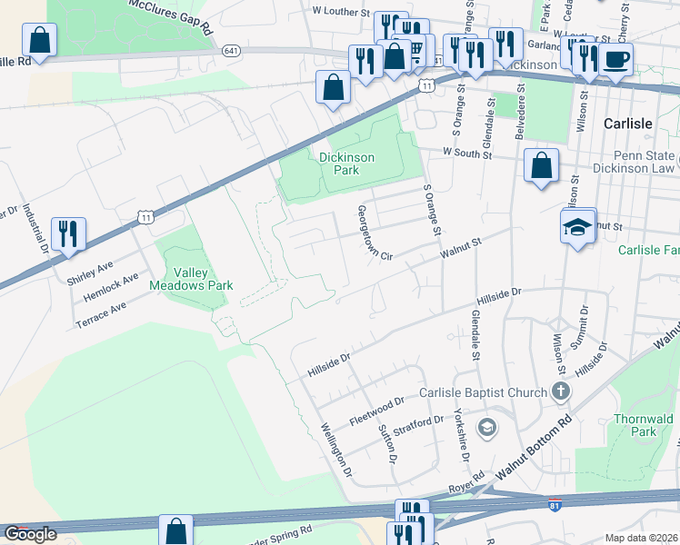 map of restaurants, bars, coffee shops, grocery stores, and more near 1303 Waidner Way in Carlisle