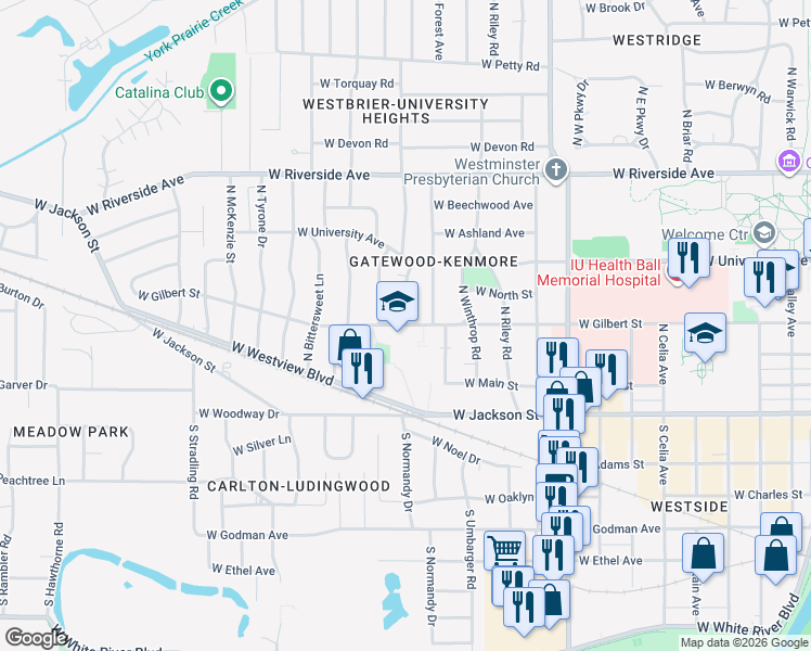 map of restaurants, bars, coffee shops, grocery stores, and more near 3401 West Gilbert Street in Muncie