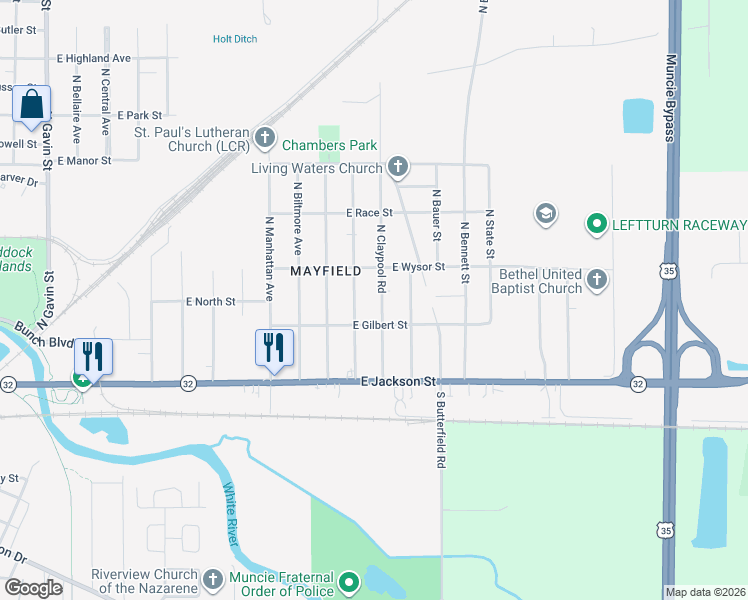 map of restaurants, bars, coffee shops, grocery stores, and more near 206 North Claypool Road in Muncie