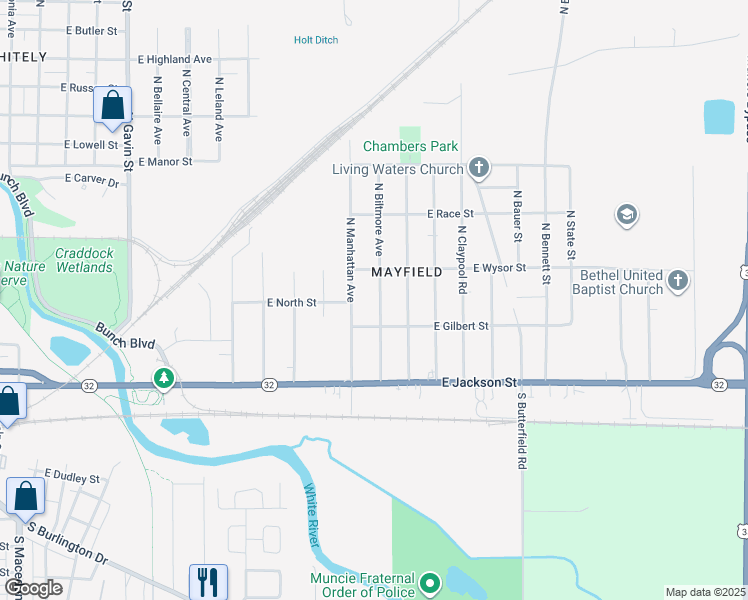 map of restaurants, bars, coffee shops, grocery stores, and more near 300 North Manhattan Avenue in Muncie
