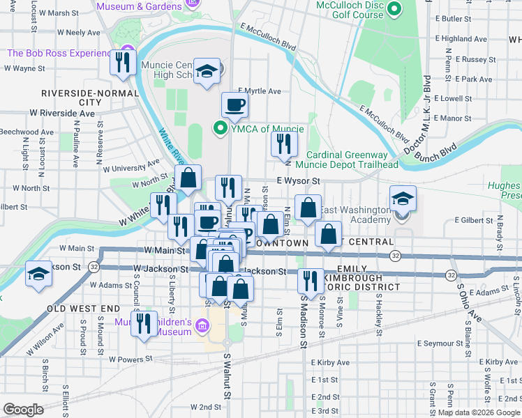 map of restaurants, bars, coffee shops, grocery stores, and more near 309 North Jefferson Street in Muncie