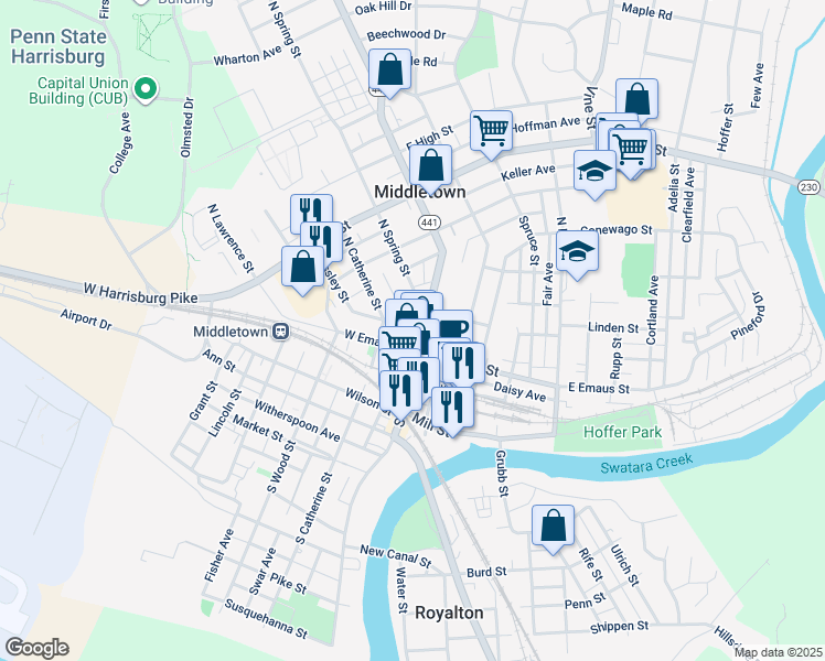 map of restaurants, bars, coffee shops, grocery stores, and more near 34 East Emaus Street in Middletown