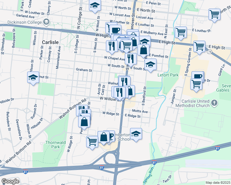 map of restaurants, bars, coffee shops, grocery stores, and more near 36 West Baltimore Street in Carlisle