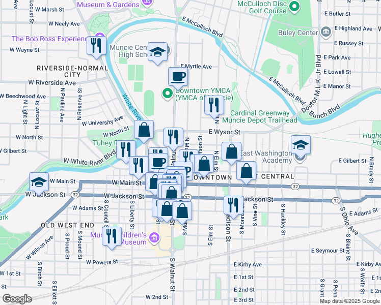 map of restaurants, bars, coffee shops, grocery stores, and more near 220 East Gilbert Street in Muncie