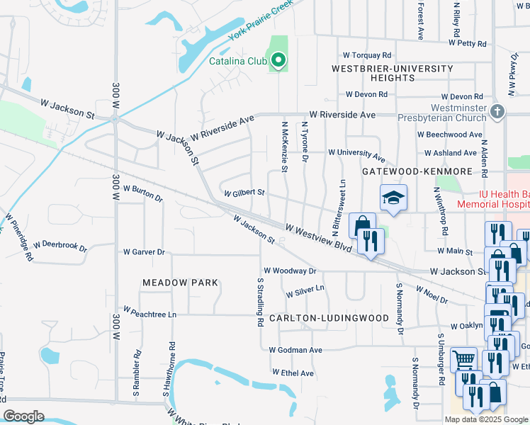 map of restaurants, bars, coffee shops, grocery stores, and more near 4100-4198 W Westview Blvd in Muncie
