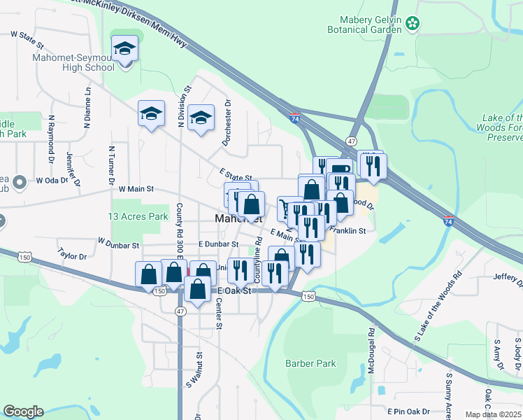 map of restaurants, bars, coffee shops, grocery stores, and more near 103 North Elm Street in Mahomet