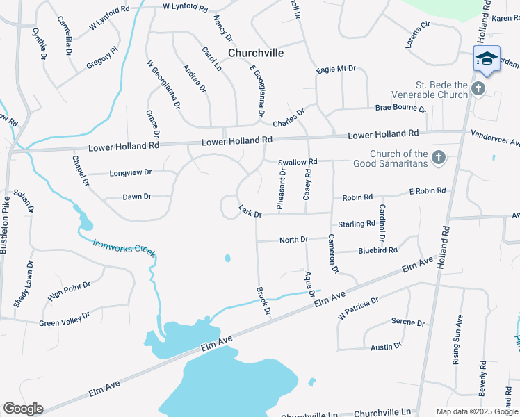 map of restaurants, bars, coffee shops, grocery stores, and more near 91 Lark Drive in Churchville