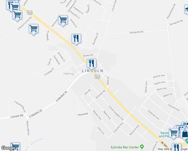 map of restaurants, bars, coffee shops, grocery stores, and more near 1376 West Main Street in Ephrata