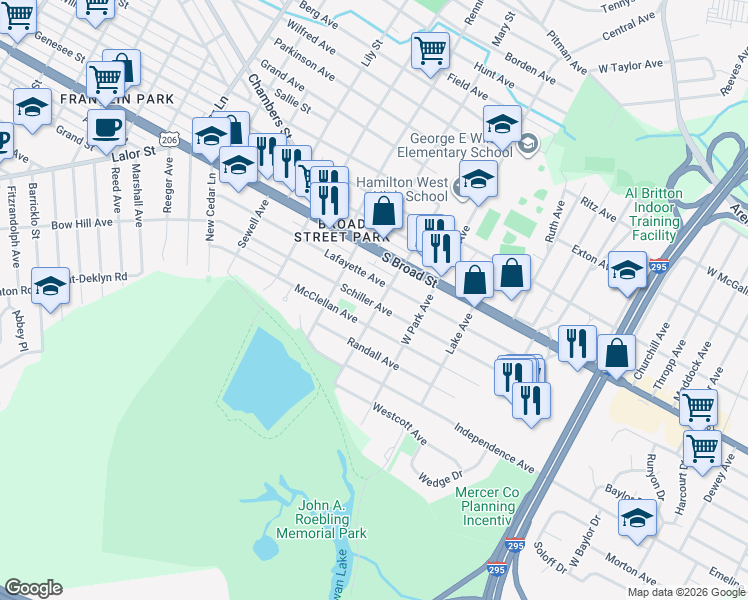 map of restaurants, bars, coffee shops, grocery stores, and more near in Broad Street Park