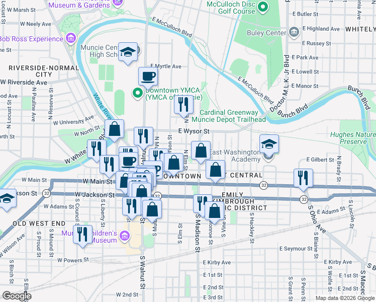 map of restaurants, bars, coffee shops, grocery stores, and more near 310 North Elm Street in Muncie