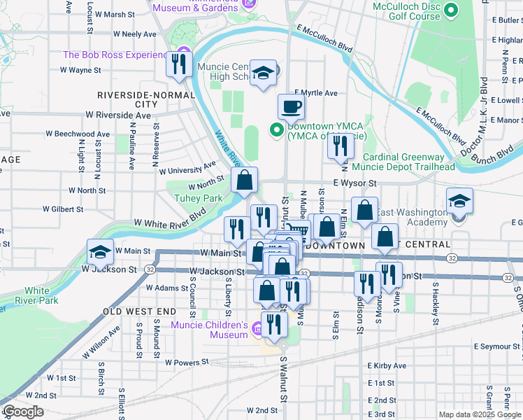 map of restaurants, bars, coffee shops, grocery stores, and more near in Muncie