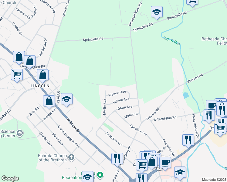 map of restaurants, bars, coffee shops, grocery stores, and more near 26 Weaver Avenue in Ephrata