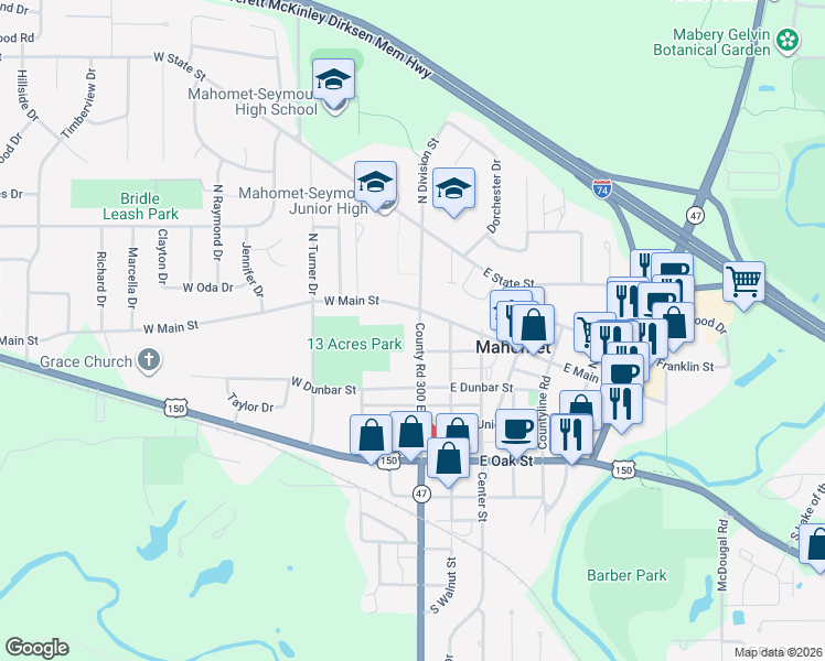 map of restaurants, bars, coffee shops, grocery stores, and more near 107 South Division Street in Mahomet