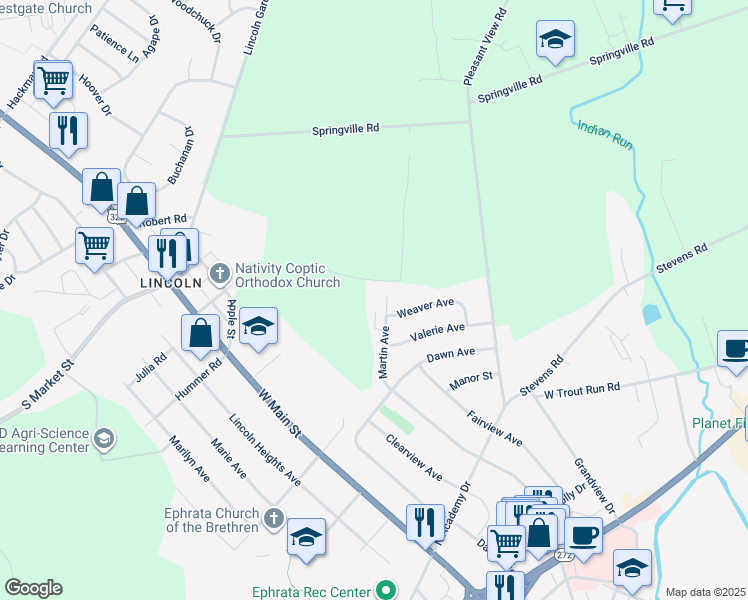 map of restaurants, bars, coffee shops, grocery stores, and more near 1350 Martin Avenue in Ephrata