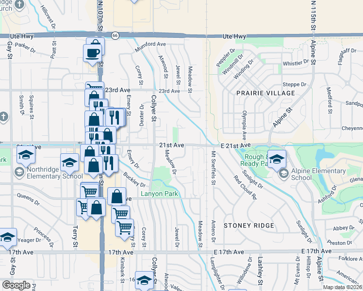 map of restaurants, bars, coffee shops, grocery stores, and more near 125 21st Avenue in Longmont