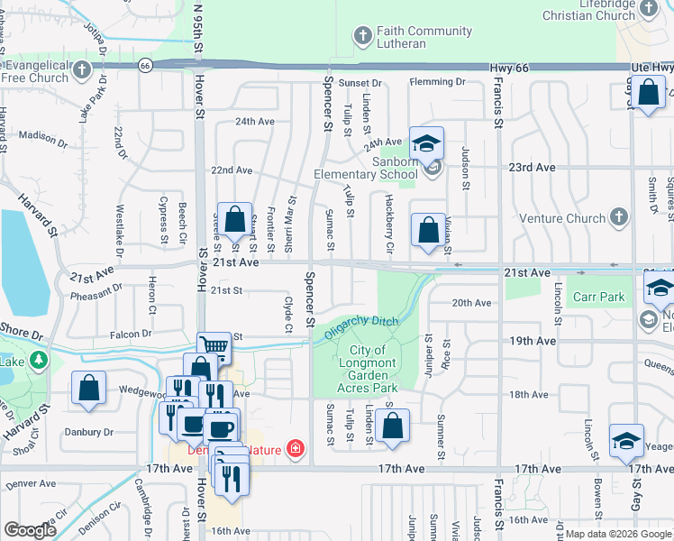 map of restaurants, bars, coffee shops, grocery stores, and more near 2050 Sumac Street in Longmont
