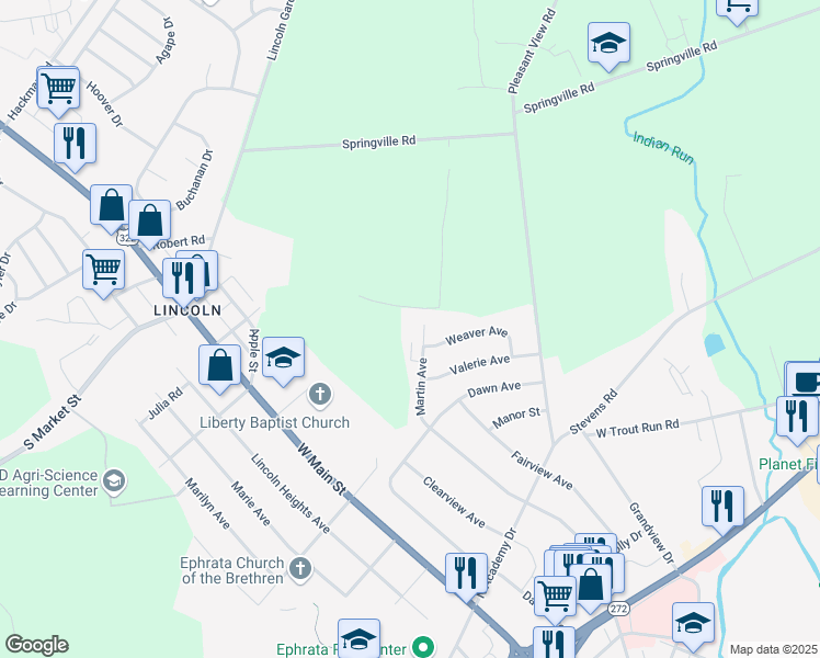 map of restaurants, bars, coffee shops, grocery stores, and more near 1302 Martin Avenue in Ephrata