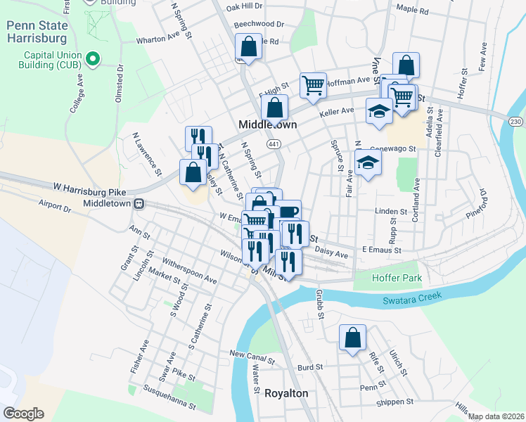 map of restaurants, bars, coffee shops, grocery stores, and more near 34 East Emaus Street in Middletown