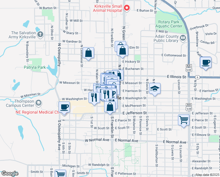 map of restaurants, bars, coffee shops, grocery stores, and more near in Kirksville