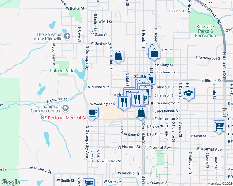 map of restaurants, bars, coffee shops, grocery stores, and more near 301-499 West Harrison Street in Kirksville