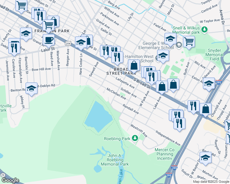 map of restaurants, bars, coffee shops, grocery stores, and more near 223 Buchanan Avenue in Hamilton Township