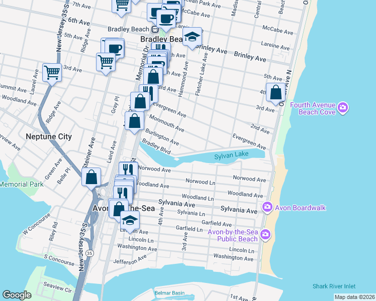 map of restaurants, bars, coffee shops, grocery stores, and more near 400 Bradley Blvd in Bradley Beach