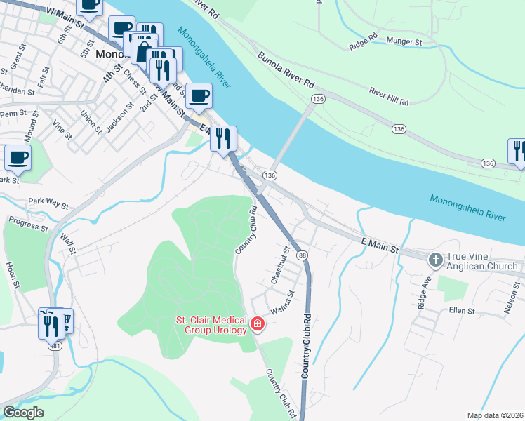 map of restaurants, bars, coffee shops, grocery stores, and more near 31 Hill Street in Monongahela