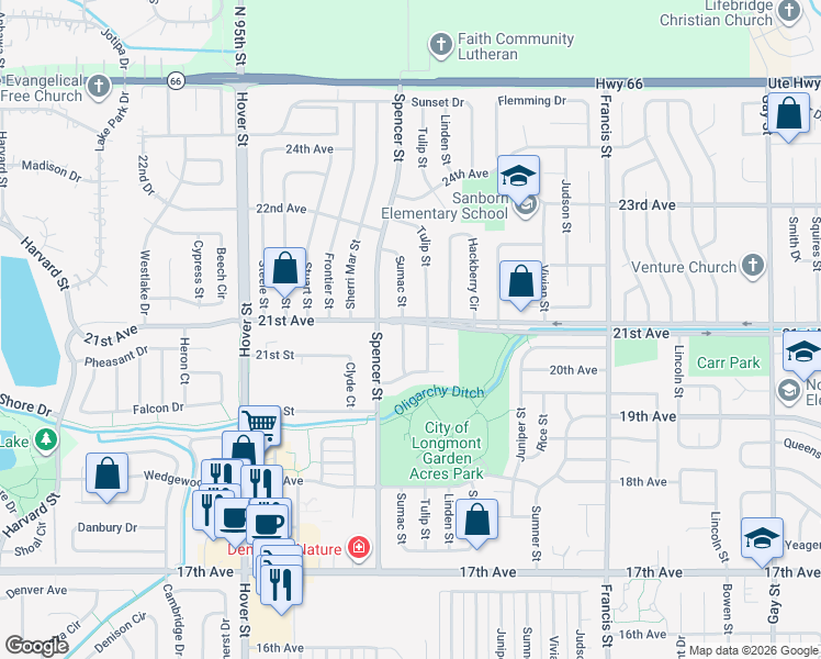 map of restaurants, bars, coffee shops, grocery stores, and more near 2050 Sumac Street in Longmont