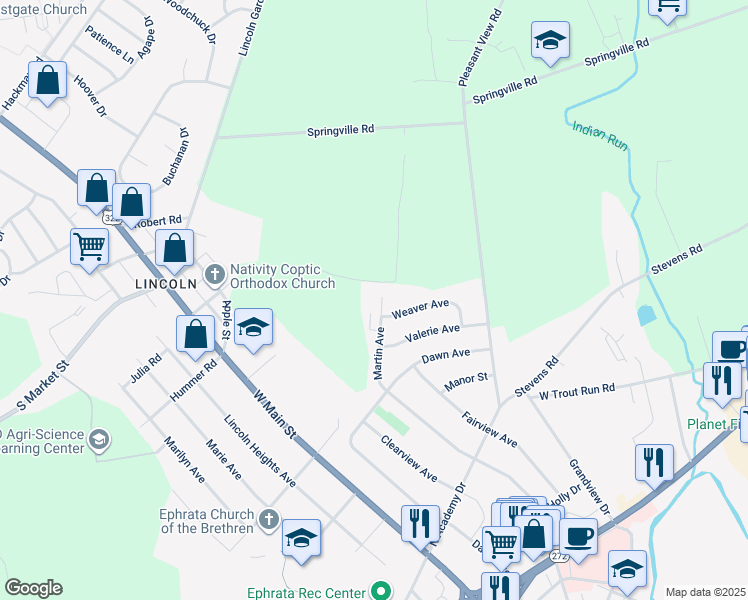 map of restaurants, bars, coffee shops, grocery stores, and more near 1326 Martin Avenue in Ephrata